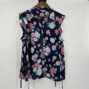 Modcloth Blouse Womens 1X Blue Floral Chiffon Button Sleeveless Tie Detail‎